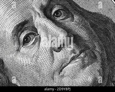 Ben Franklin face à nous 100 dollar de facture extrême macro, états-unis argent closeup Banque D'Images