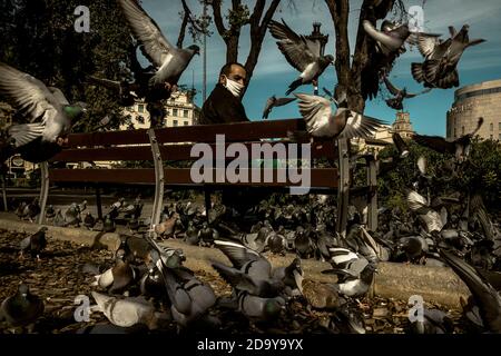 Barcelone, Espagne. 8 novembre 2020. Un homme nourrit des pigeons sur la place de Catalogne à Barcelone à un dimanche matin ensoleillé crédit: Matthias Oesterle/Alamy Live News Banque D'Images