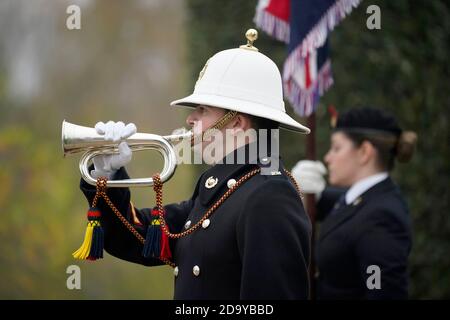 Un bugler de HM Royal Marines Band Service joue le dernier message à l'Arboretum du Mémorial national d'Alrewas, Staffordshire, pour observer l'Acte « virtuel » du souvenir du Mémorial des Forces armées qui est diffusé à d'autres par Facebook et YouTube pendant le dimanche du souvenir. Banque D'Images