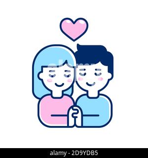 Couple mignon de dessin animé en amoureux tenant les mains. Icône de ligne simple en style vectoriel plat. Illustration clip art isolée. Illustration de Vecteur