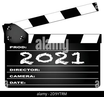 Un clapperboard de film typique avec la légende 2021 isolée sur blanc. Illustration de Vecteur