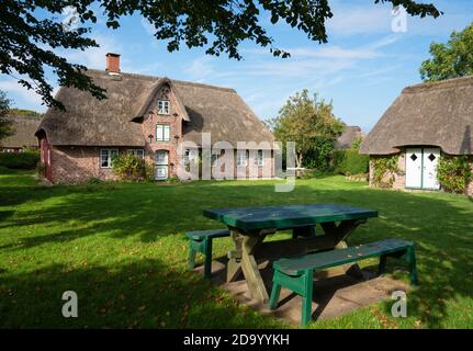 NEBEL, ALLEMAGNE - 29 SEPTEMBRE 2020 : image panoramique d'une maison frisonne traditionnelle contre le ciel bleu le 29 septembre 2020 sur Amrum, Allemagne Banque D'Images