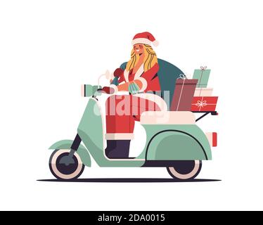 fille en costume du père noël livrant des cadeaux sur le scooter joyeux noël joyeux nouvel an célébration de vacances concept horizontal pleine longueur illustration vectorielle Illustration de Vecteur