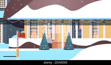 jardin de maison couvert de neige en hiver bâtiment de maison avec décorations pour le nouvel an et la fête de noël illustration vectorielle horizontale Illustration de Vecteur