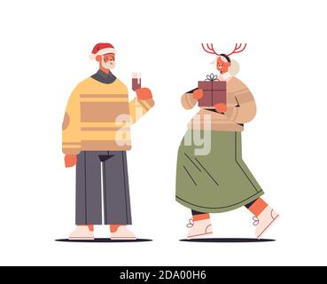 couple senior en chapeaux de père noël s'amusant avec des cadeaux bonne année et joyeux noël célébration concept horizontal illustration vectorielle pleine longueur Illustration de Vecteur