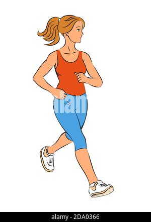 Une belle fille mince est en train de courir. Entraînement sportif. Illustration vectorielle colorée en style pop art. Isolé sur fond blanc. Illustration de Vecteur