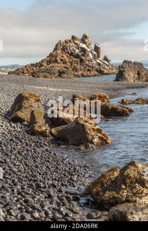 Cobble Beach sous le phare de Yaquina Head à Newport, Oregon Banque D'Images