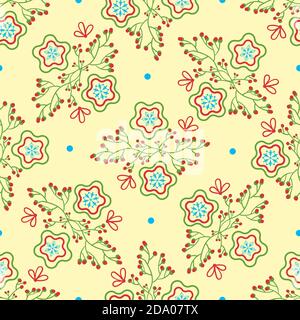 Arrière-plan sans couture avec brindilles vertes et baies rouges. Flocons de neige bleus. Arrière-plan beige. Magnifique motif de Noël pour l'impression et les pages Web. Illustration de Vecteur