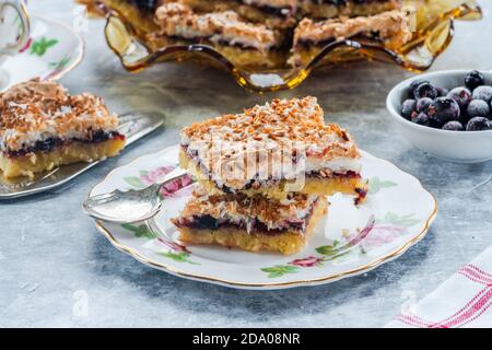 Tarte à la noix de coco avec confiture de cassis Banque D'Images