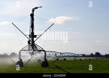 Irrigation saupoudrer eau pâturage laitier à Canterbury, en Nouvelle-Zélande, où l'approvisionnement en eau est devenu une question controversée Banque D'Images