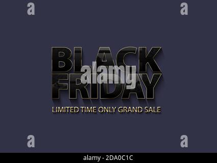 Bannière vectorielle du Vendredi fou. Texte noir brillant avec cadre doré fin sur fond sombre. Effet fenêtre et verre cadeau sur les lettres Illustration de Vecteur