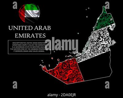 Carte des Émirats arabes Unis avec le drapeau de la Typographie arabe Banque D'Images