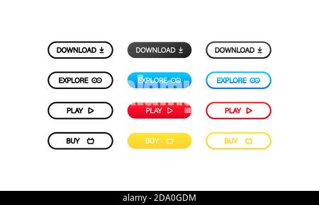 Boutons colorés de téléchargement, d'exploration, de jeu et d'achat pour les sites Web. Vecteur sur fond blanc isolé. SPE 10 Illustration de Vecteur