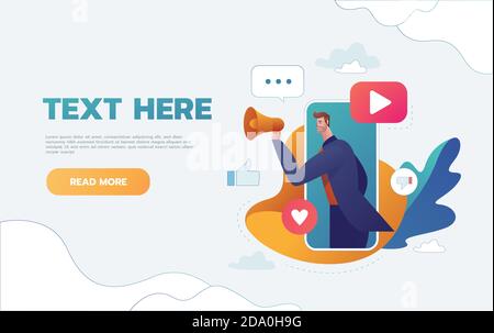 Illustration d'un concept d'entreprise représentant un homme d'affaires tenant un mégaphone provenant d'un smartphone. Marketing numérique, communication, publicité Illustration de Vecteur