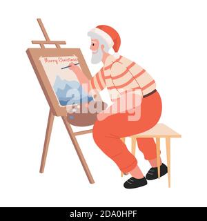 Santa Claus dessin bonne année et Joyeux Noël carte de voeux sur chevalet. Le Père Noël peint une image vectorielle plate illustration isolée sur fond blanc. Concept des fêtes de Noël. Illustration de Vecteur