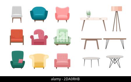 Ensemble d'illustrations vectorielles pour chaises et tables. Dessin animé plat de mobilier, fauteuil moderne confortable dans différentes couleurs, intérieur de salon meublé Illustration de Vecteur