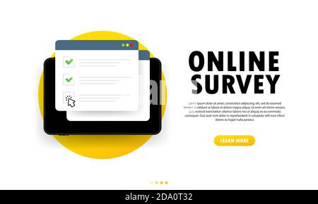 Illustration de l'enquête en ligne. Vérifiez le formulaire en ligne de la liste sur la tablette. Rapport sur le site Web ou enquête Internet. Fenêtre du navigateur avec des coches. Vecteur activé Illustration de Vecteur