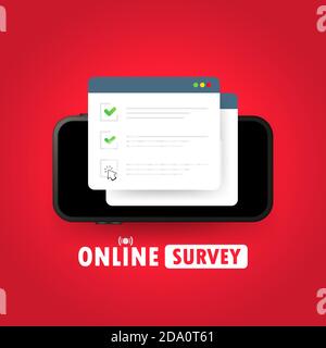 Illustration de l'enquête en ligne. Vérifier le formulaire en ligne de la liste sur le smartphone. Rapport sur le site Web ou enquête Internet. Fenêtre du navigateur avec des coches. Vecteur Illustration de Vecteur