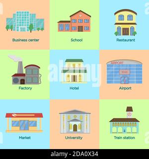 Ensemble d'icônes d'illustration vectorielle de style plat de bâtiments publics colorés. Illustration de Vecteur