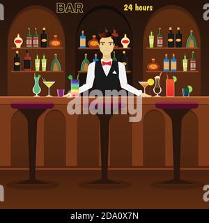 Bar, pub intérieur plat illustration vectorielle avec verres, bouteilles, cocktails et vin. Homme barman au bar avec des rênes d'alcool. Illustration de Vecteur