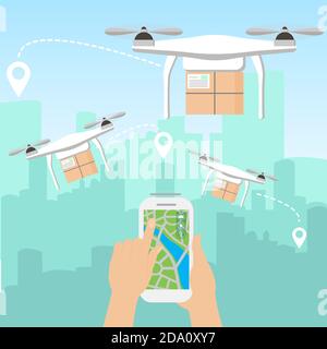 Illustration vectorielle des mains lançant peu de drones de livraison avec des paquets par smartphone en face de la ligne d'horizon d'un grand ville moderne avec gratte-ciel Illustration de Vecteur