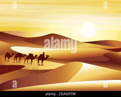Paysage fond désert avec dunes, barkhans et caravane de chameaux illustration vectorielle. Illustration de Vecteur