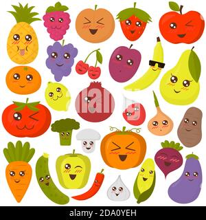 Illustration vectorielle de légumes et de fruits mignons. Autocollants de style plat colorés. Illustration de Vecteur