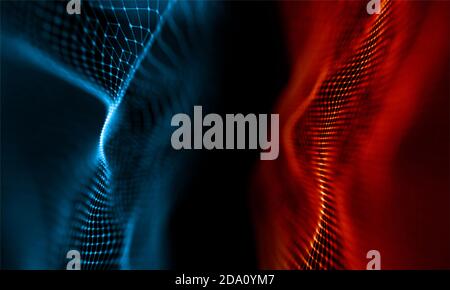 Arrière-plan bleu et rouge. Technologie de point technologique Light Data. Rendu 3D. Banque D'Images