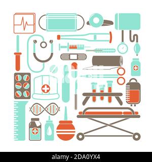 Illustration vectorielle des icônes de santé et de médecine dans un style de dessin animé plat. Illustration de Vecteur