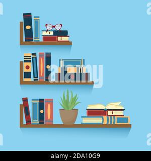 Ensemble de librairies avec des piles de livres, des verres, l'aloe vera de maison sur fond bleu. Concept enseignement ou librairie.Illustration vectorielle plate. Illustration de Vecteur