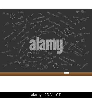 Mathématiques, arrière-plan de la géométrie. Formules, formes, sinus, cosinus sur le conseil scolaire noir. Concept d'éducation. Illustration vectorielle plate. Illustration de Vecteur