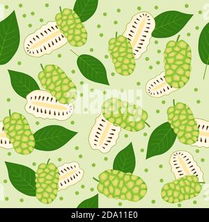 Motif sans couture de morinda citrifolia, fruit de noni, superalimentation, sur fond vert. Aliments biologiques sains. Illustration de dessin animé vectoriel. Illustration de Vecteur