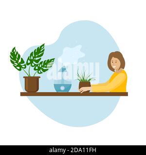 Humidificateur diffuseur d'air, plantes de maison et femme à la table. Purificateur microclimat ultrasonique concept de maison, humidité saine. Illustration vectorielle plate Illustration de Vecteur