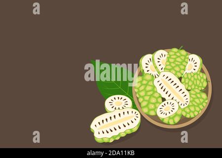 Ensemble de morinda citrifolia, fruit de noni, surnourriture sur fond marron dans un bol. Aliments biologiques sains. Illustration de dessin animé vectoriel. Illustration de Vecteur