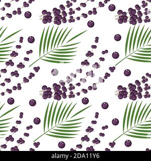 Motif sans couture avec baies, branches et feuilles d'açai Superfood sur fond blanc. Aliments biologiques sains. Illustration vectorielle plate. Illustration de Vecteur