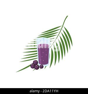 Superfood baies d'açai, verre de jus et de feuilles, isolé sur fond blanc. Aliments biologiques sains. Illustration vectorielle plate. Illustration de Vecteur