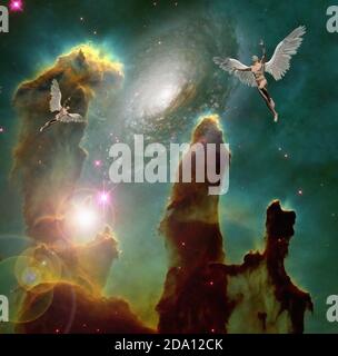 Le surréalisme. Les hommes avec des ailes symbolise les anges dans l'espace. Le rendu 3D Banque D'Images