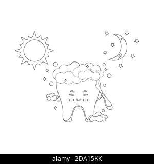 Un brossage mignon de dents avec une brosse à dents deux fois par jour une page de coloriage de dentiste. Illustration de Vecteur