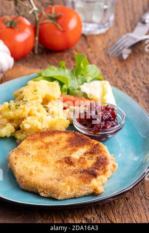 céleri schnitzel avec salade de pommes de terre et canneberges Banque D'Images