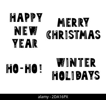 Jeu de caractères de style scandinave avec éléments de noël, flocon de neige, étoile, ligne. Texte des fêtes de Noël. Lettre noire. Illustration de Vecteur