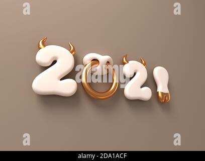2021 avec des nombres blancs comme cornes de taureau, œillet de nez et anneau de nez sur fond marron. Concept de la nouvelle année chinoise de l'Ox. Banque D'Images
