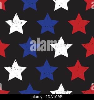 Étoiles bleues rouges sur fond noir vectoriel sans couture. Motif patriotique répété avec des étoiles grunge style de texture Illustration de Vecteur