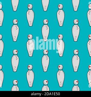 Quilles blanches, motif sans couture sur fond bleu clair. Illustration de Vecteur