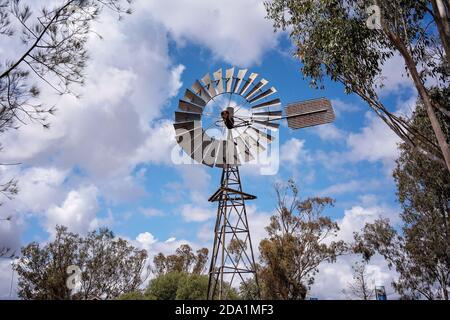 Warra, Queensland, Australie - octobre 2019 : moulin à vent qui pompe de l'eau parmi les arbres et contre un ciel bleu nuageux Banque D'Images