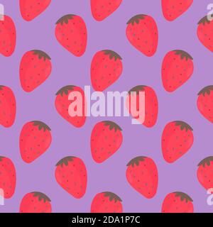 Fraise rouge mûre, motif sans couture sur fond violet. Illustration de Vecteur