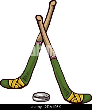 Bâtons de hockey vert et un palet , illustration, vecteur sur fond blanc Illustration de Vecteur