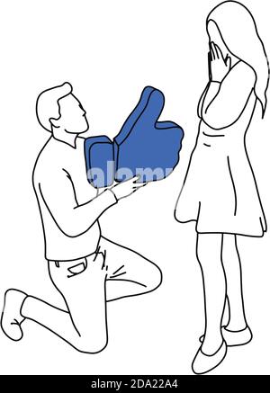 Homme debout sur le genou faisant la proposition de mariage avec le signe similaire l'illustration vectorielle esquisse de la poignée dessinée à la main avec des lignes noires isolées sur fond blanc Illustration de Vecteur