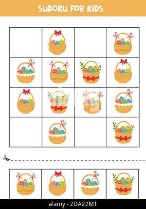 Jeu de Sudoku. Ensemble de paniers de Pâques avec œufs. Illustration de Vecteur