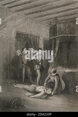 Enrique I de Guisa (1550-1588). Noble francés, III Duque de Guisa, llamado le Balafré. Enrique III (1551-1589). Rey de Francia. Enrique III contemplado a su víctima, el Duque de Guisa, y dándole un puntapié en la cara, que recuerda el que le dió el mismo Duque de Guisa al cadáver de Coligny, asesinado por orden suya la Noche de Saint Barthelemy. Asesinato del Duque de Guisa. Grabado. Historia de las persecuciones políticas y religiosas en Europa. Editada en Barcelona, 1864. Banque D'Images