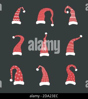 Ensemble de chapeaux rouges du père noël. Collection de casquettes Elves. Illustration vectorielle de style dessin animé. Illustration de Vecteur
